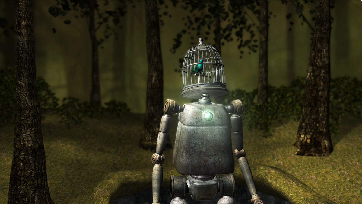 A robot-esque body with a caged bird as a head in a dark forest