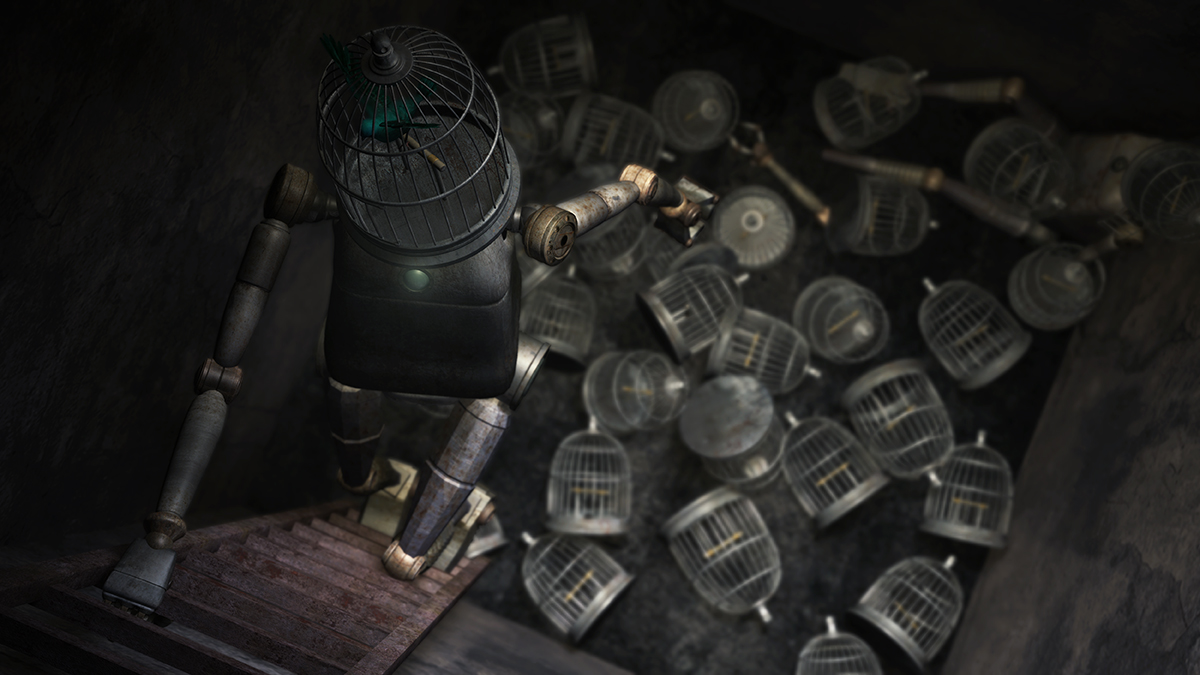 A robot with a bird cage as a head walking down a ladder with a pile of bird cages in the bottom