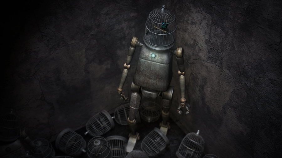 A robot standing on a pile of bird cage as a head walking of bird cages