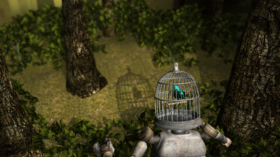 A robot with a bird cage as a head looking at its own shadow