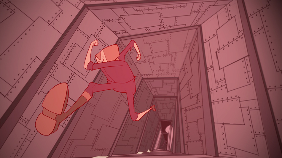 An individual running away in a metal hallway