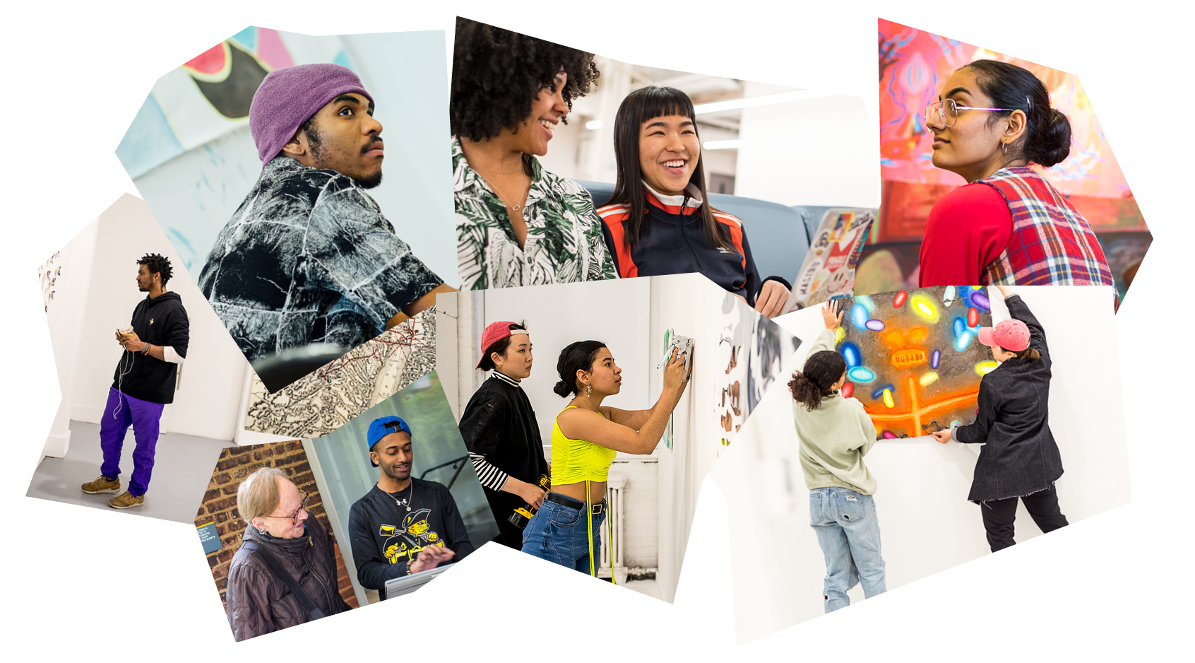 A collage of a diverse group of students working in different scenarios, including painting, talking to professors, observing art pieces in a gallery and conversing with one another.