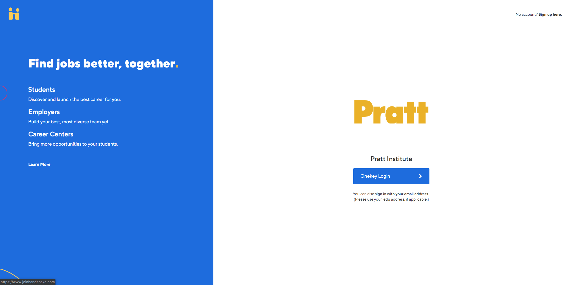 Image of the login page for Pratt's Handshake job search service.