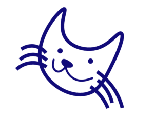 Blue outline drawing of a smiling cat's face