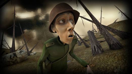 A soldier with an anxious expression in a war zone