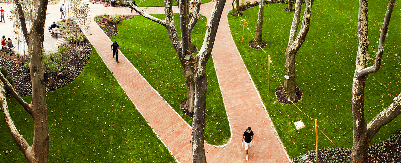 Aerial picture of the a park with red brick paths and scattered trees.