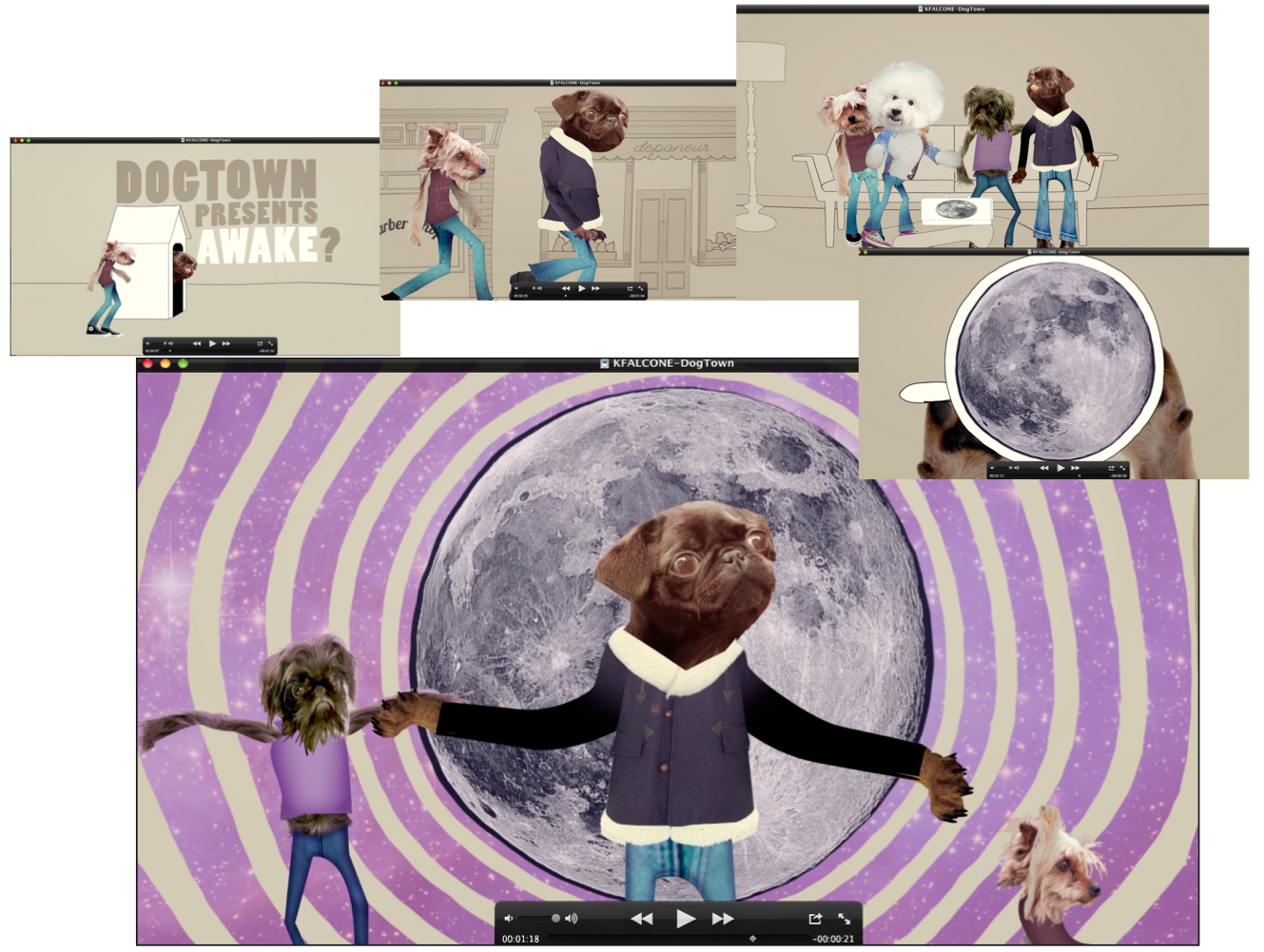 A compilation of anthropomorphic dogs spending time together captured in a media player software screen