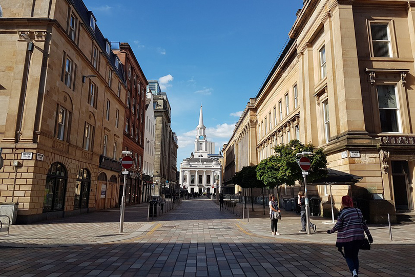 A view of Glascows central square from the street level.