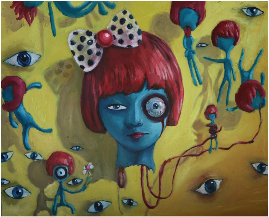 Painting of a floating head with a black and white polkadot ribbon, behind a yellow background