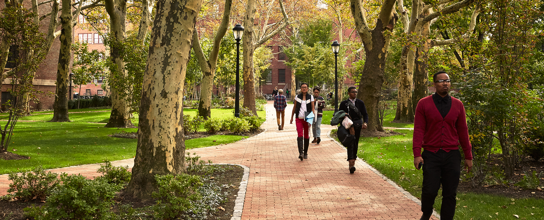 Students walk along a red brick path going through a park with buildings in the background.