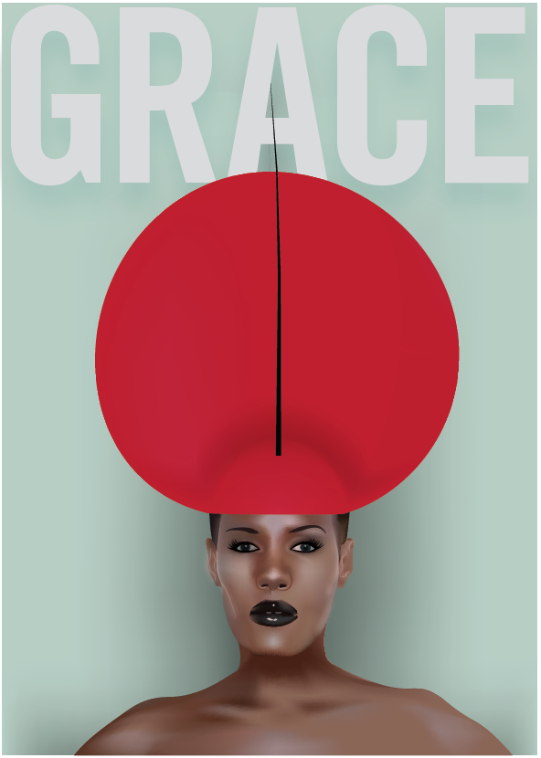 Illustration of a realistic looking woman wearing a red high fashion-esque hat behind a teal background