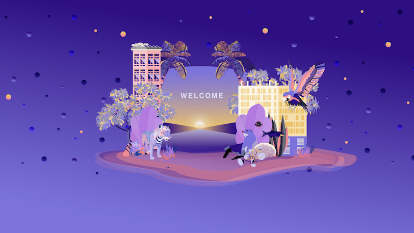 A virtual purple background with a tropical resort and palm trees saying 