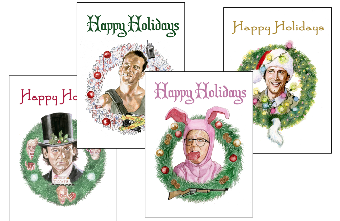 A set of 4 holiday card illustrations