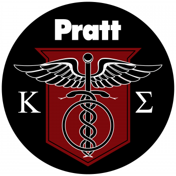 Kappa Sigma log has a greek K and Sigma letters with Pratt written at the very top. There is a red shield with a double headed serpent wrapped around a medical staff.