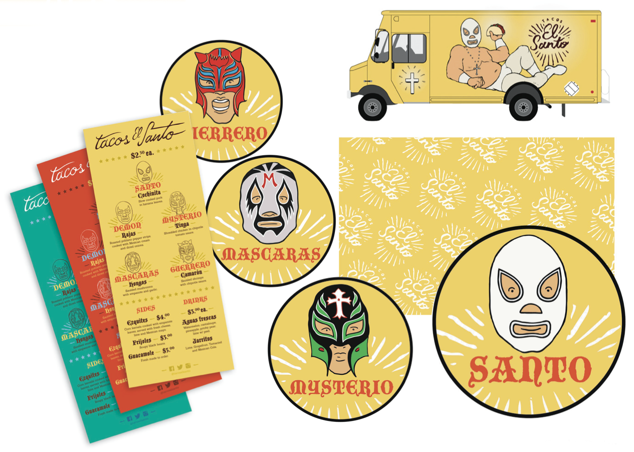 Speculative Branding for a taco truck, including stickers and menu designs