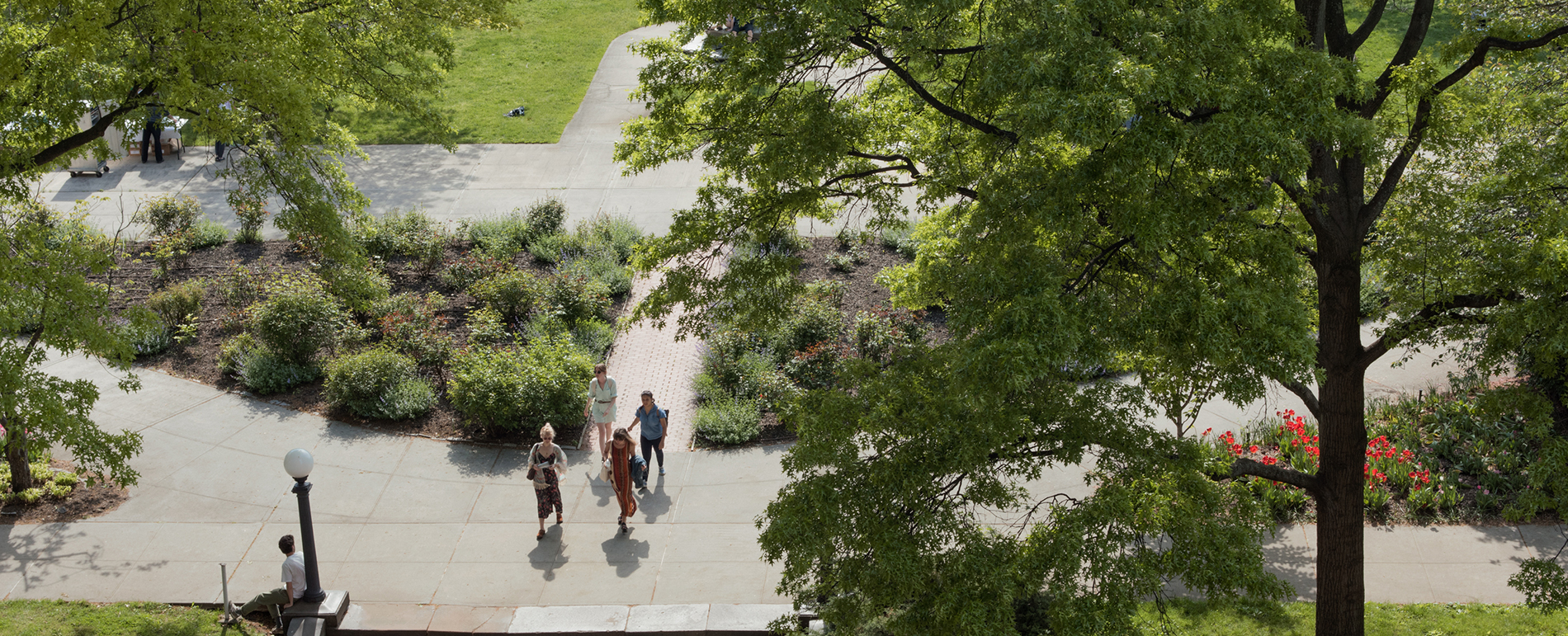 Aerial image of a courtyard with concrete paths, trees and old school lamps.