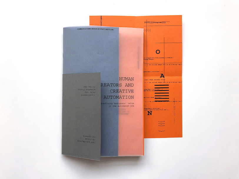 A booklet showcasing a thesis project in the colors orange, blue, pink and grey