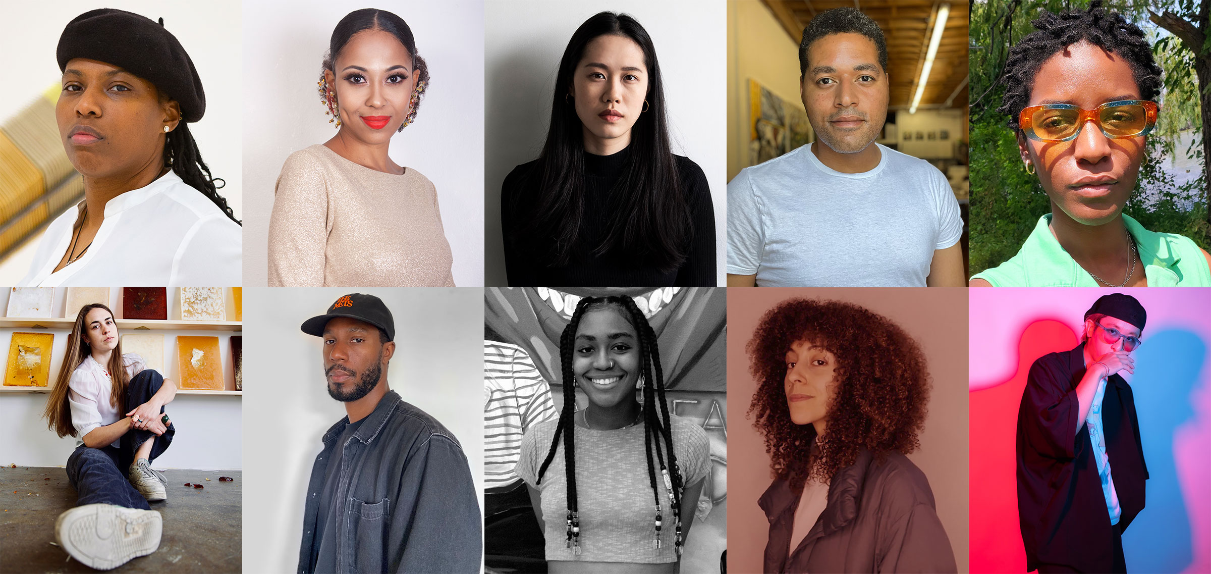 From L to R starting at top L, the 2022 Pratt>FORWARD artists: Mary Enoch Elizabeth Baxter, Taisha Carrington, Jennifer Chia-Ling Ho, Mario Joyce, Kirsten Leach, Kristyn McKinney, Sajjad Musa, Mieyoshi Ragernoir, Vessna Scheff, and Yamico