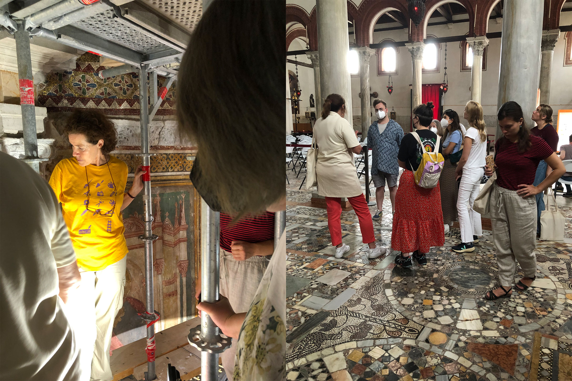 Students in the Materials and Techniques of Venetian Art graduate seminar climb scaffolding at SS. Maria e Donato in Murano to learn from conservators about the fresco restoration underway under the sponsorship of Save Venice, Inc.; Melissa Conn of Save Venice, Inc. speaking with Pratt in Venice students about the conservation efforts at SS. Maria e Donato (photos by Joseph Kopta)