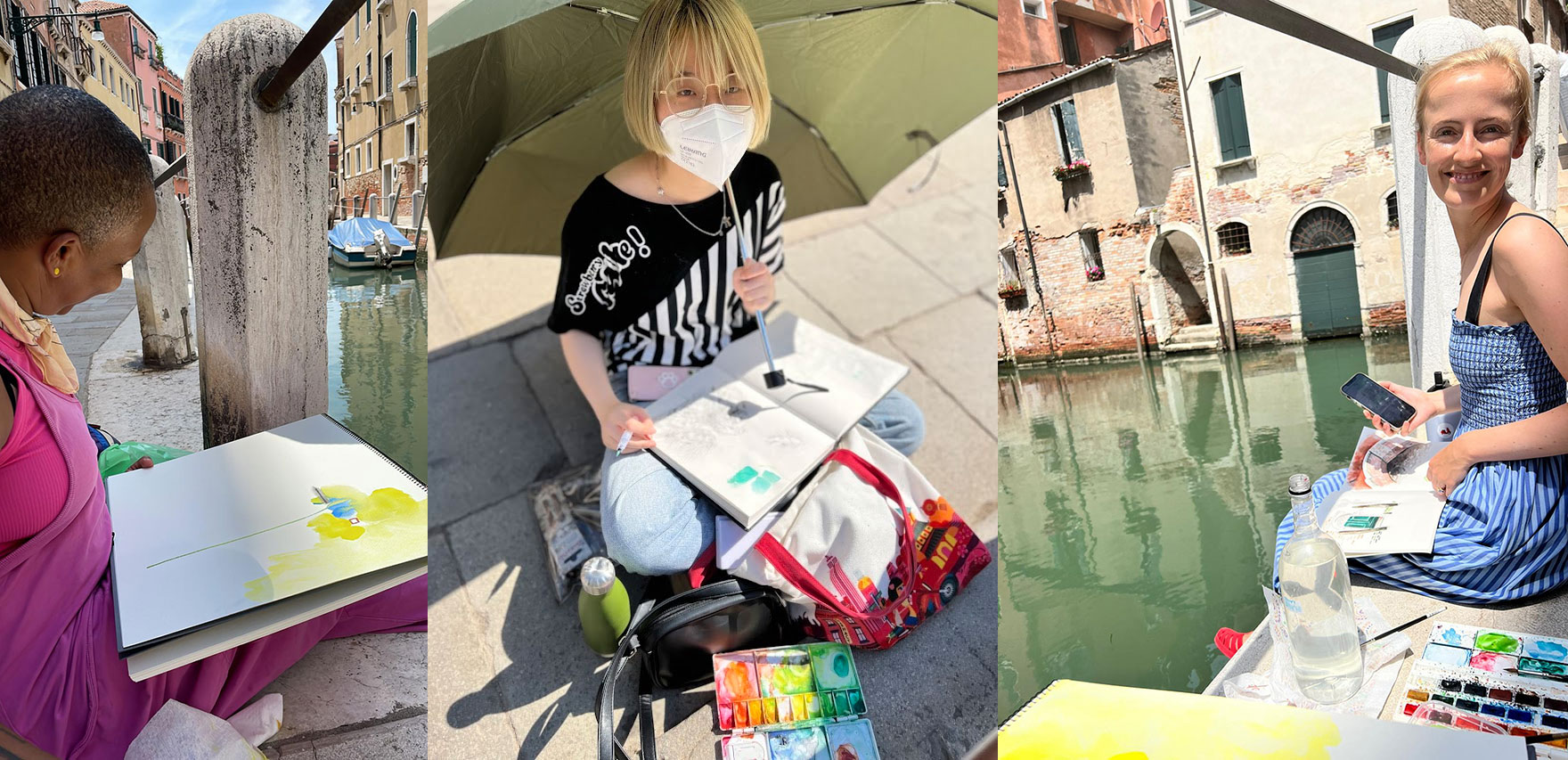 MFA student Nikki Terry painting in Venice (photo by Michael Brennan); BFA student Beilin Xu painting in Venice (photo by Taylor Bielecki); MFA student Kate McElhiney painting in Venice (photo by Michael Brennan)