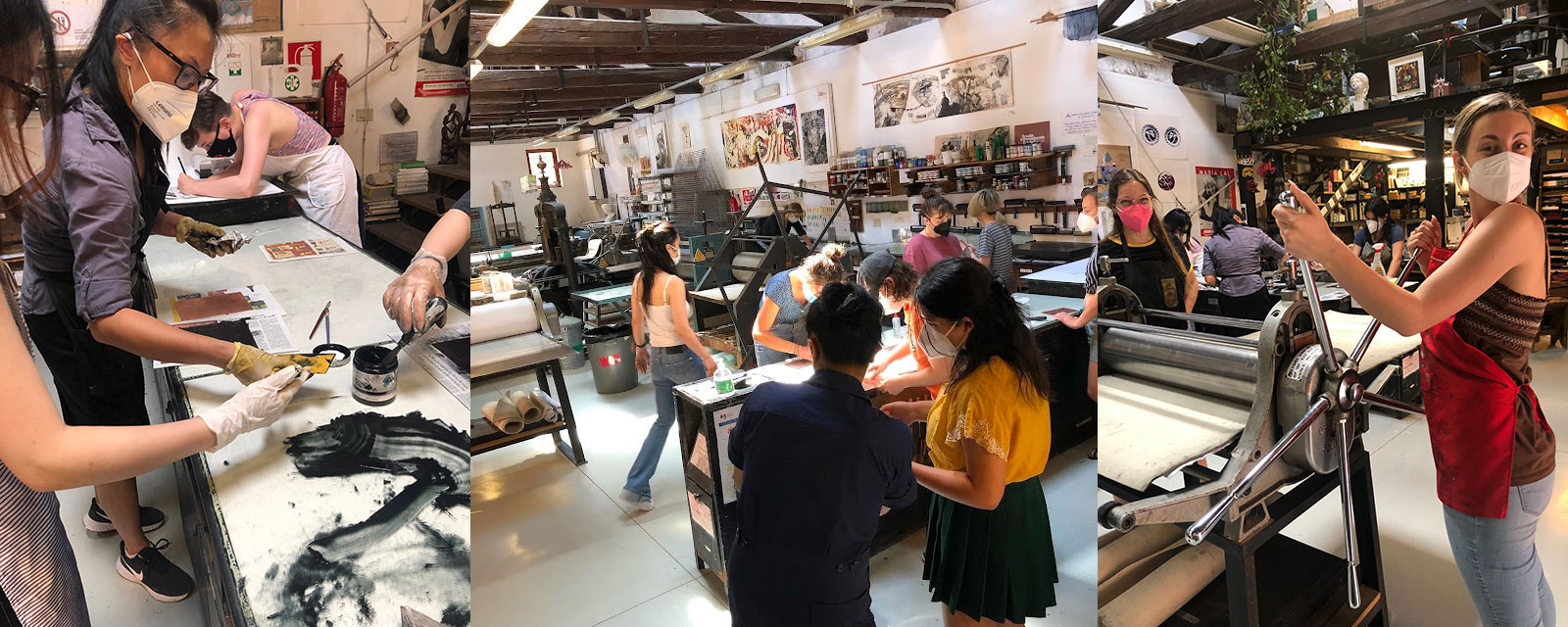 Visiting Assistant Professor Fay Ku works with Printmaking and Drawing students at the Scuola Internazionale di Grafica (photo by Taylor Bielecki); Printmaking and Drawing students at work at the Scuola Internazionale di Grafica (photo by Michael Brennan); Giavanna Mattera pulls a print with the assistance of Alessia De Bortoli at the Scuola Internazionale di Grafica (photo by Taylor Bielecki)