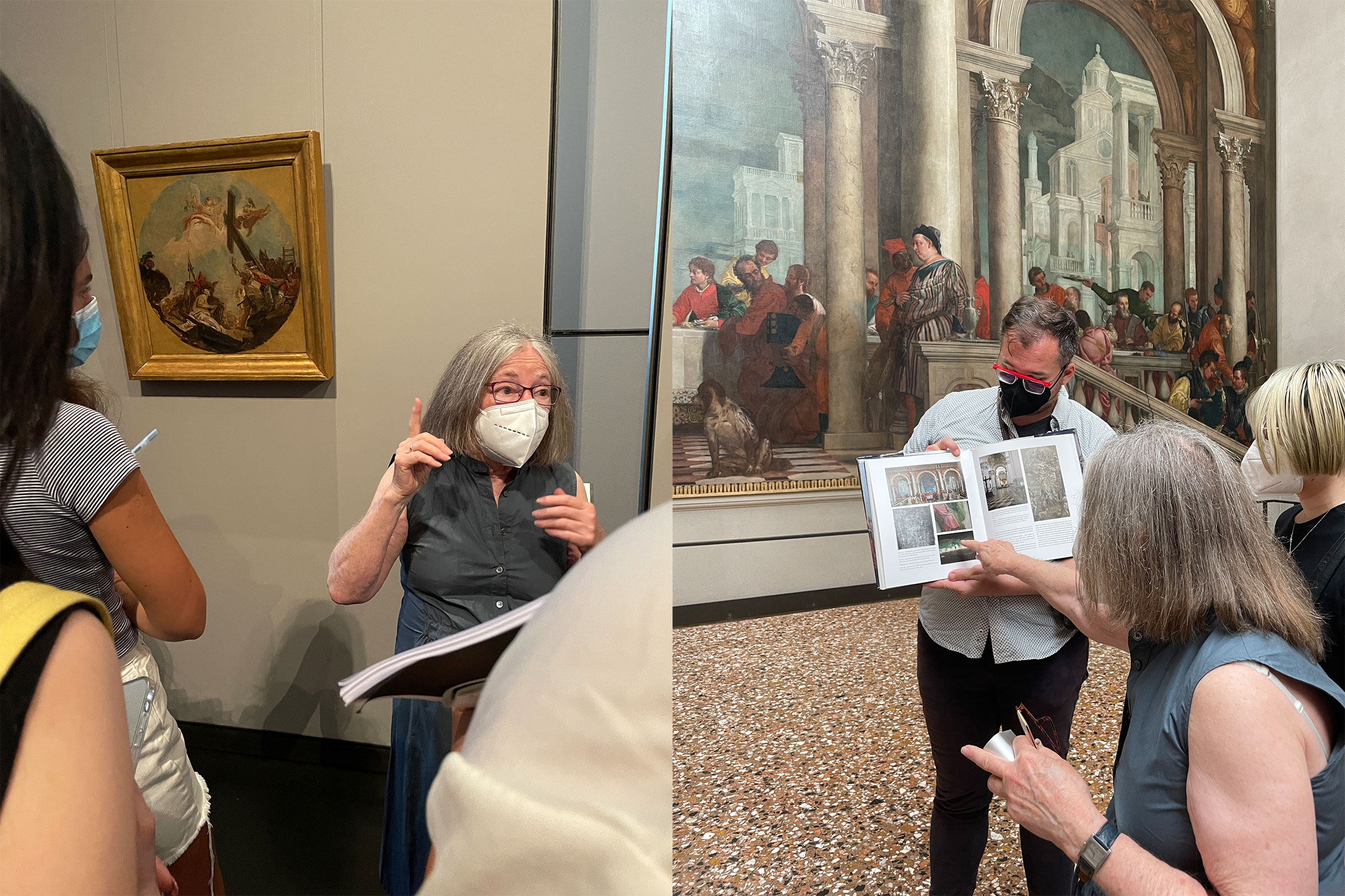 Professor of History of Art and Design Diana Gisolfi teaching with a Tiepolo oil sketch at the Gallerie dell’Academia in Venice (photo by Joseph Kopta); Pratt students viewing Paolo Veronese’s “Feast at the House of Levi” (1573) at the Gallerie dell’Accademia with Gisolfi’s book, ‘Paolo Veronese and the Practice of Painting in Late Renaissance Venice,’ providing details of the painting’s pigment analysis (photo by Jon Day, Jr.)