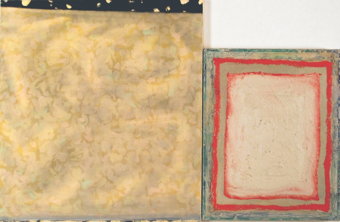 2 painting one golden to the left and to the right a smaller one with beige, green and two red rectangles