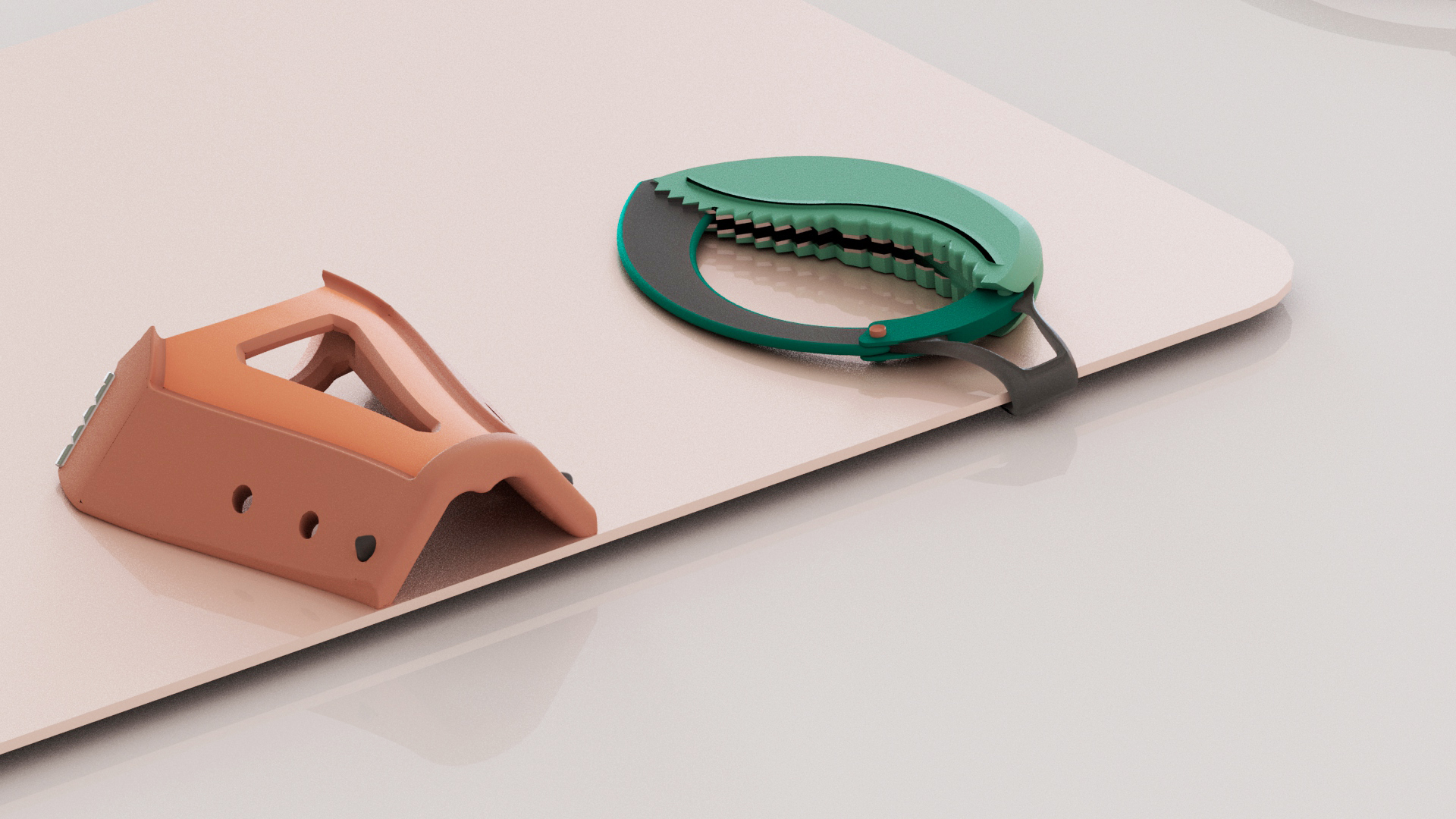 A light pink cutting board with two attachments: one in green, one in orange.