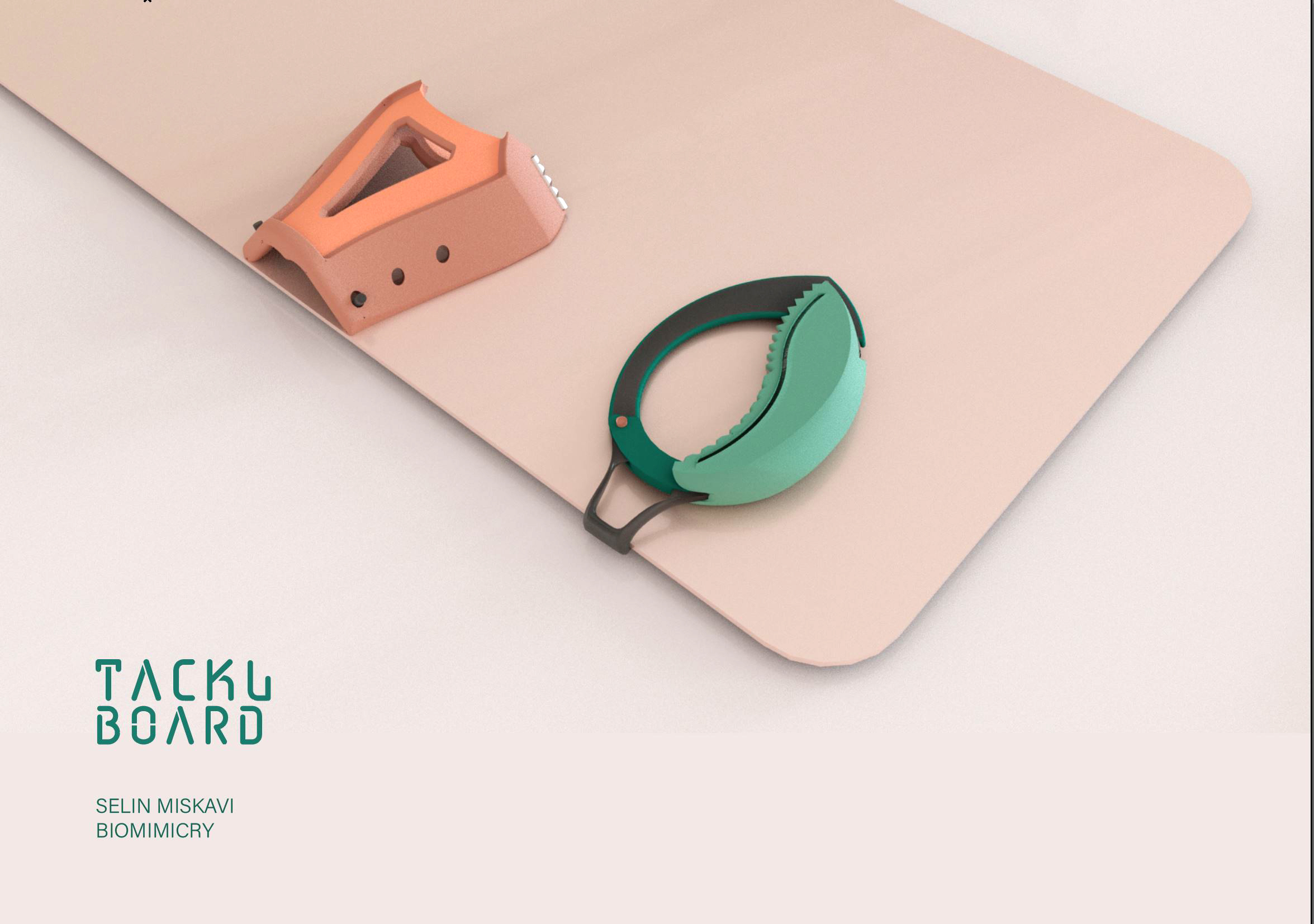 A view from above of the light pink cutting board with two attachments resting on top.