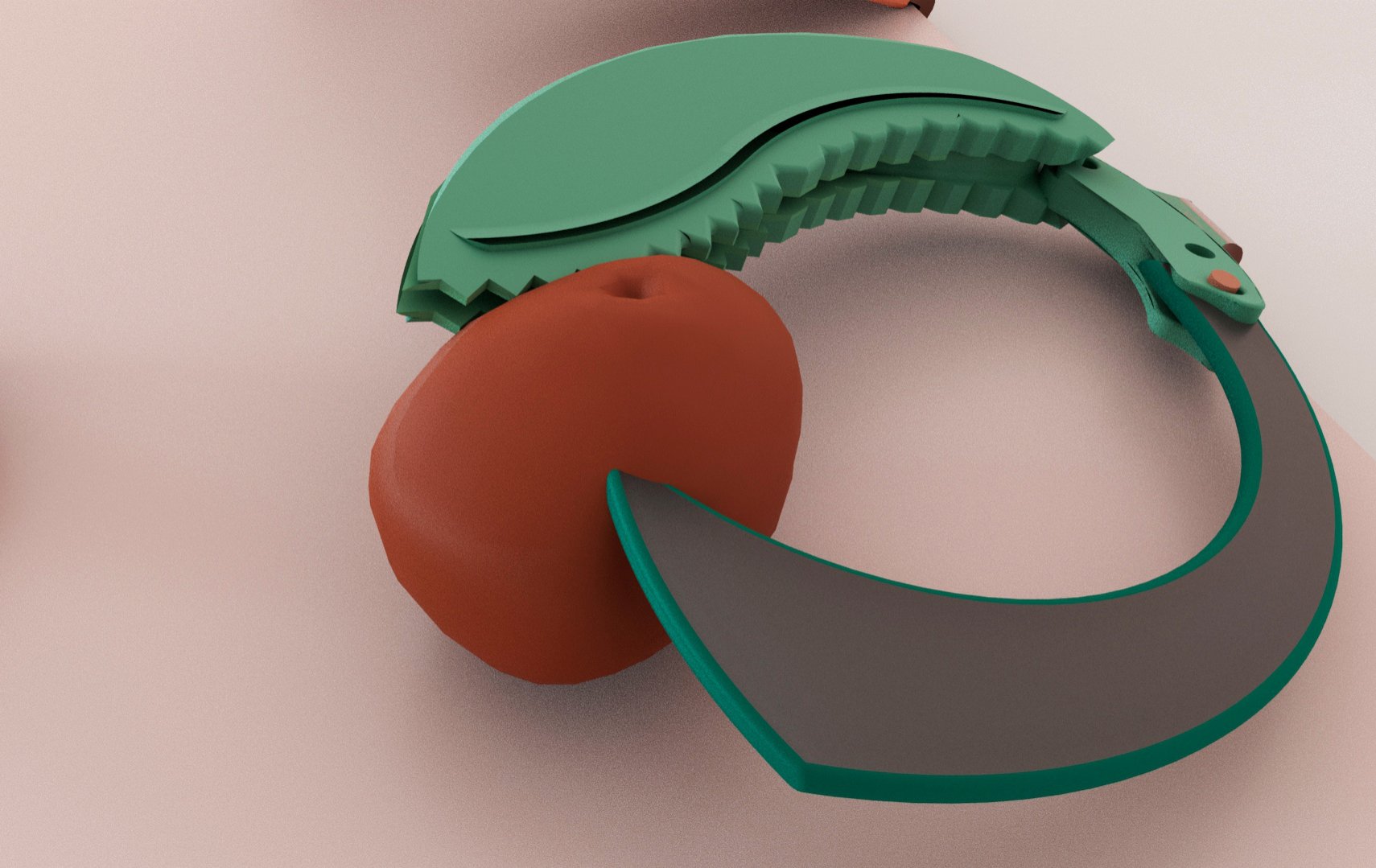 A digital rendering of a green clamp that is holding a potato still.