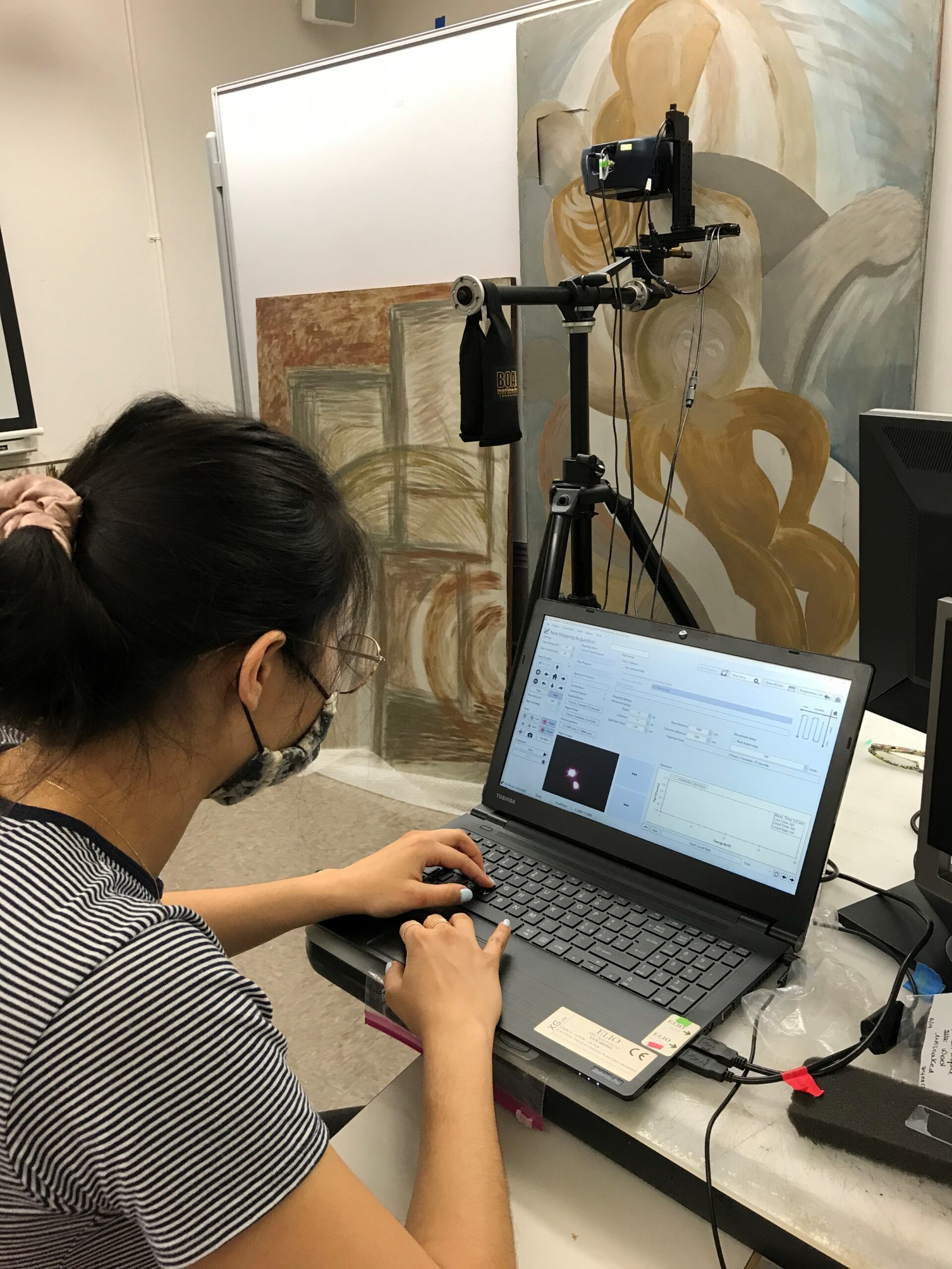 student at computer running analysis on a painting.