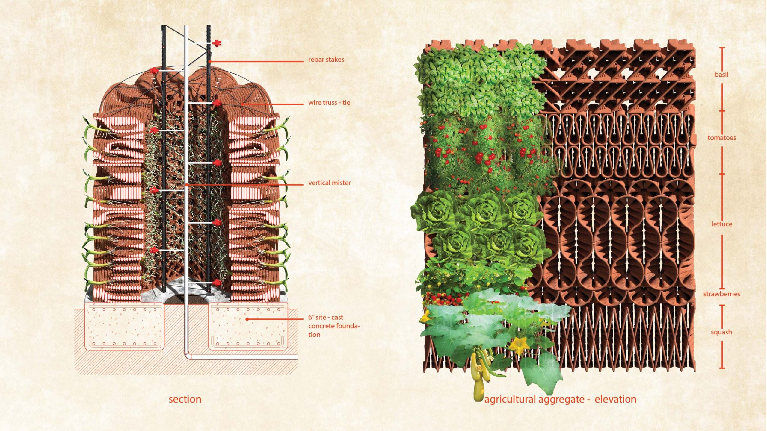 section and elevation of proposed tower structure made of bricks.[