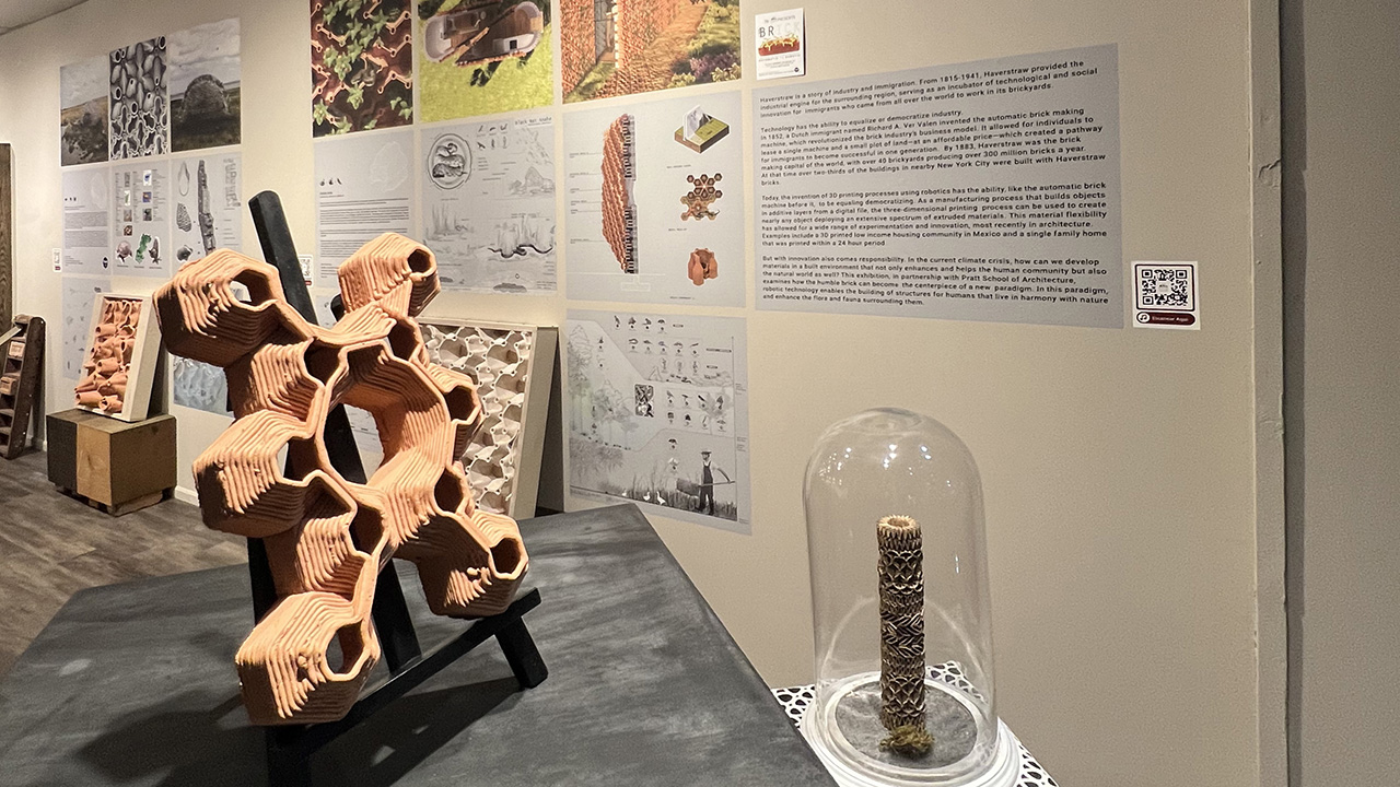 materials on display at the Haverstraw Brick Museum, including an artifact in front of a wall of printed exhibition materials