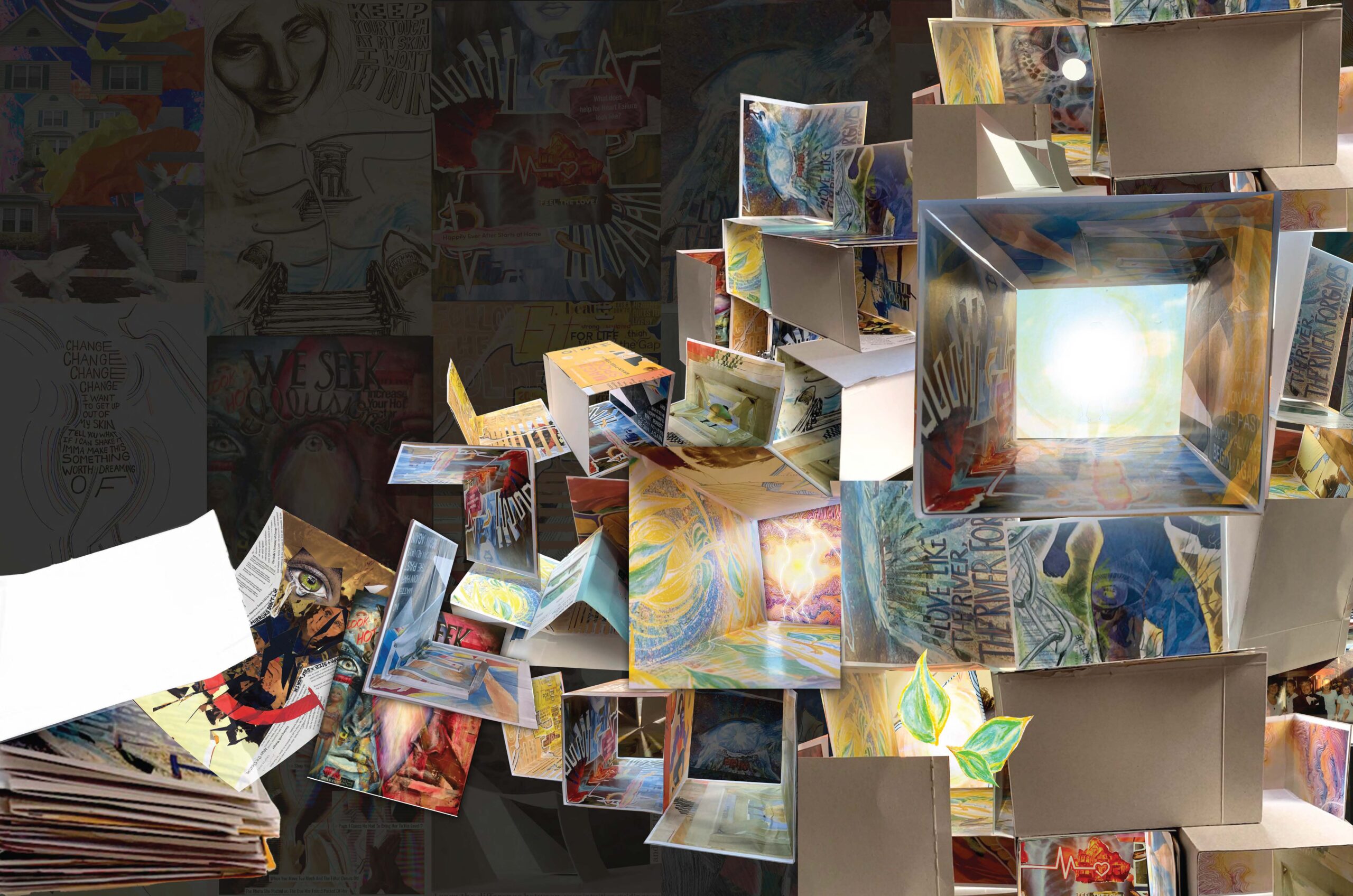 a series of art works that are stacked like a staircase