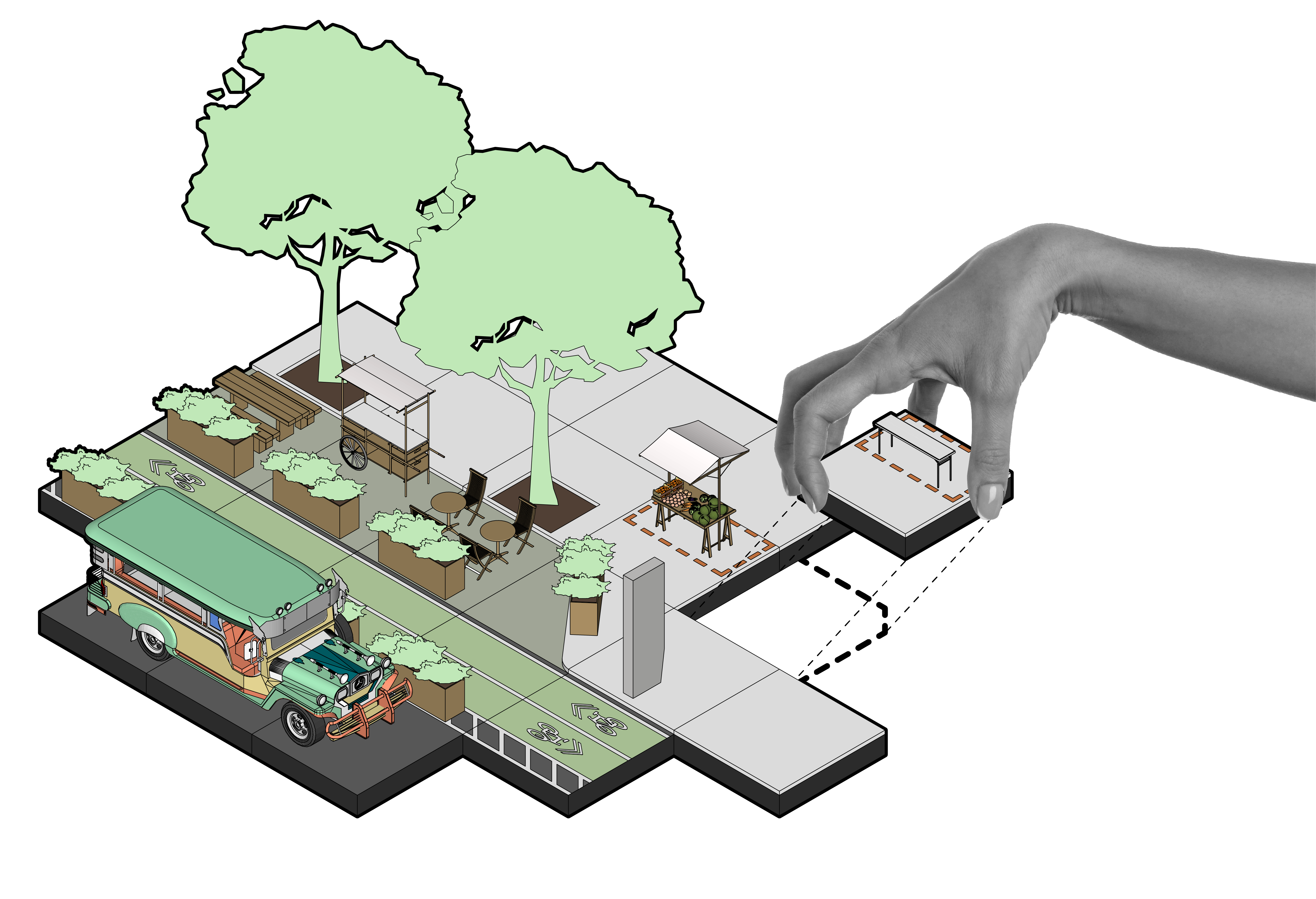 hand holding a square, hovers over a digital rendering of the toolkit.