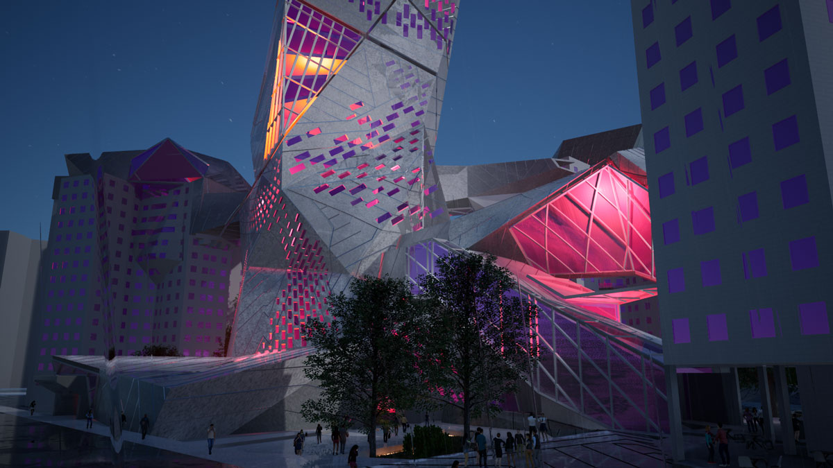 Street view of Radical Crystallization housing design at night