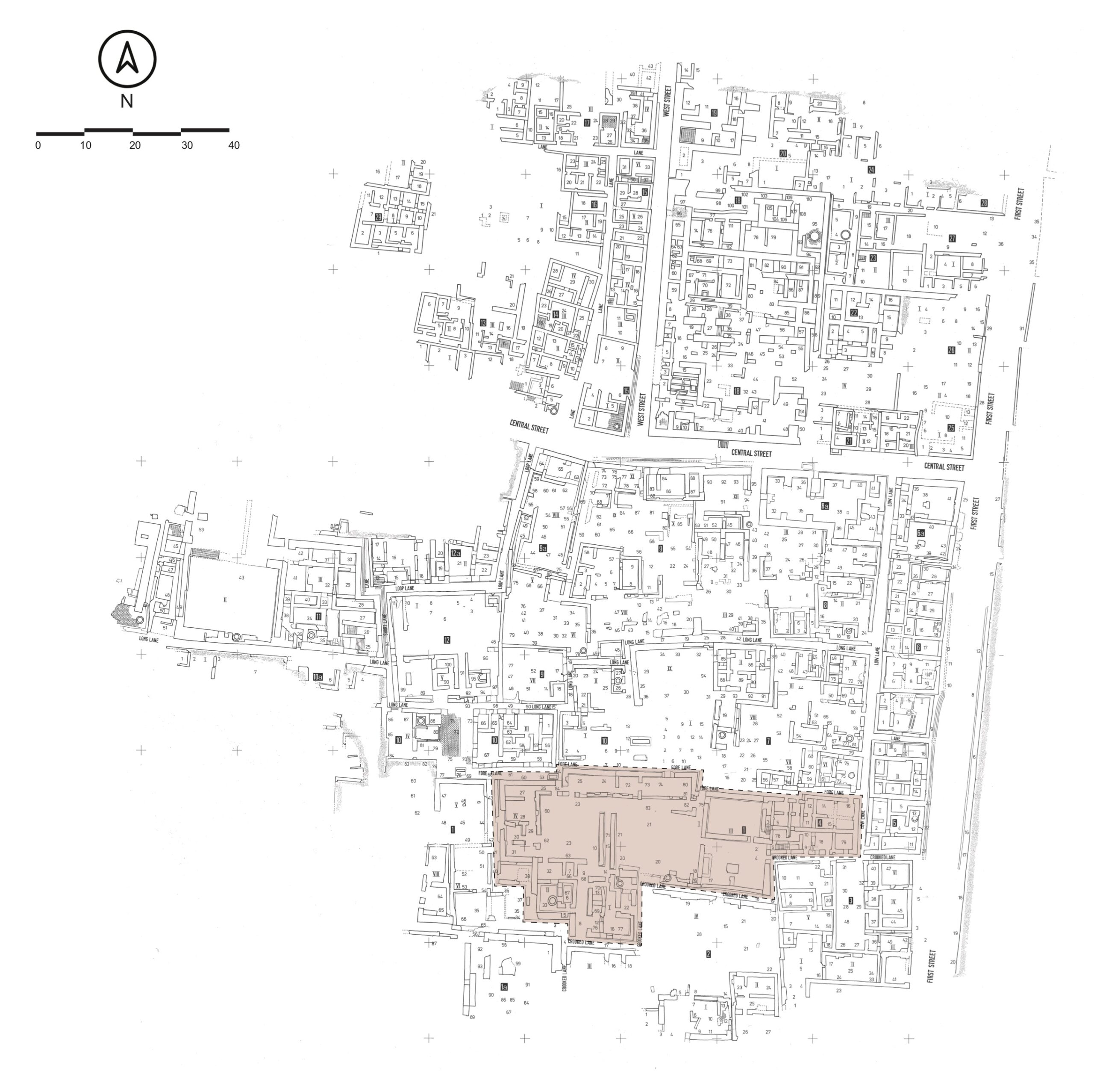 A map view of the archeological site provides a sense of scale to the city being studied. Shaded in red is a small neighborhood in the south area of Mohenjo-Daro.