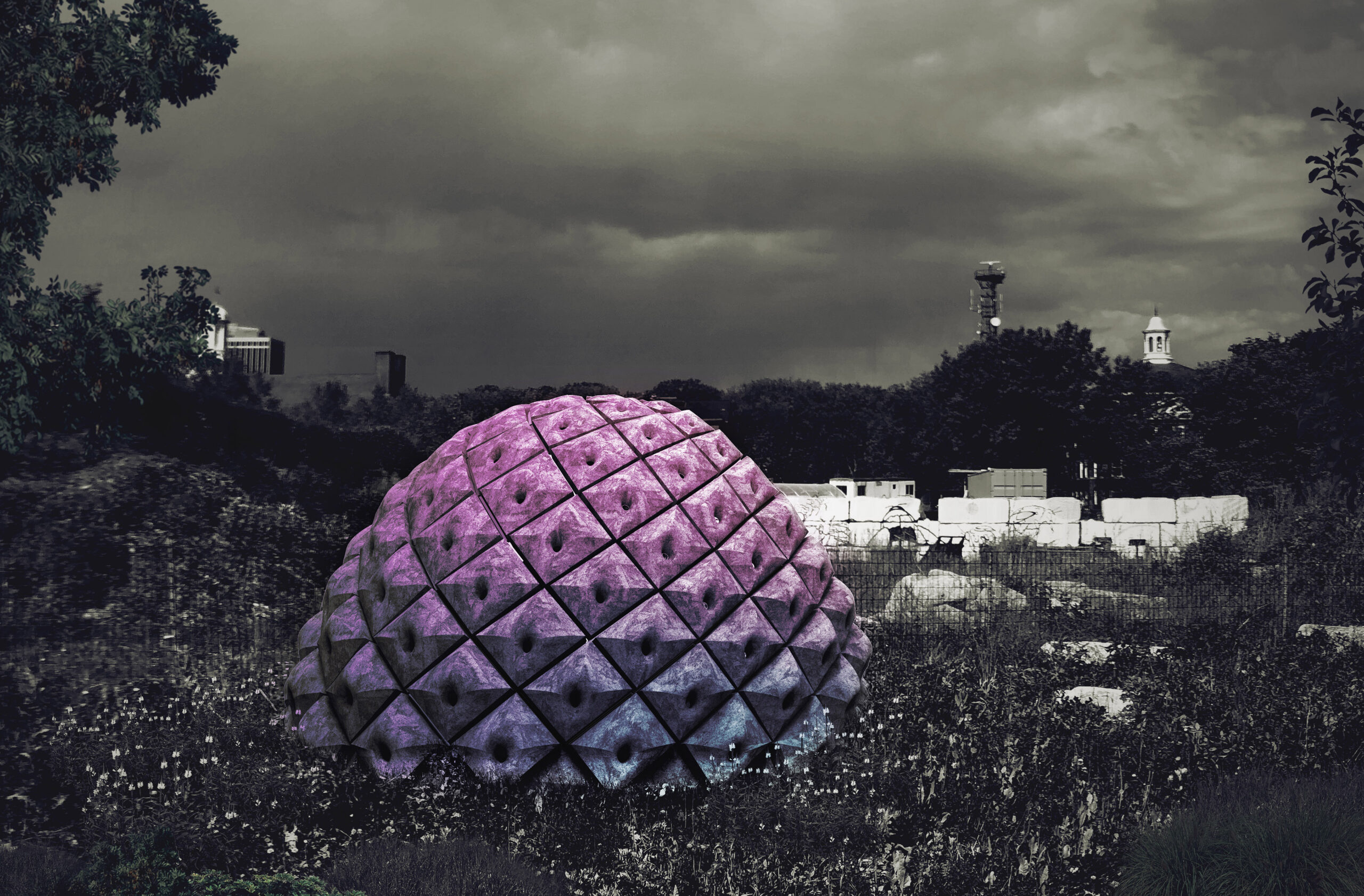 Render of the Hempcrete Pollinators Pavilion with purple pigment highlighting the location at The Bee Conservancy.