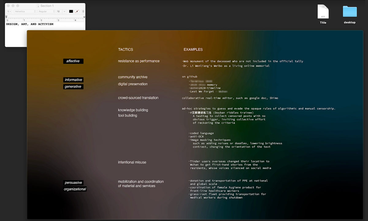 Functions of art and design, tactics, example actions listed in a tabular view