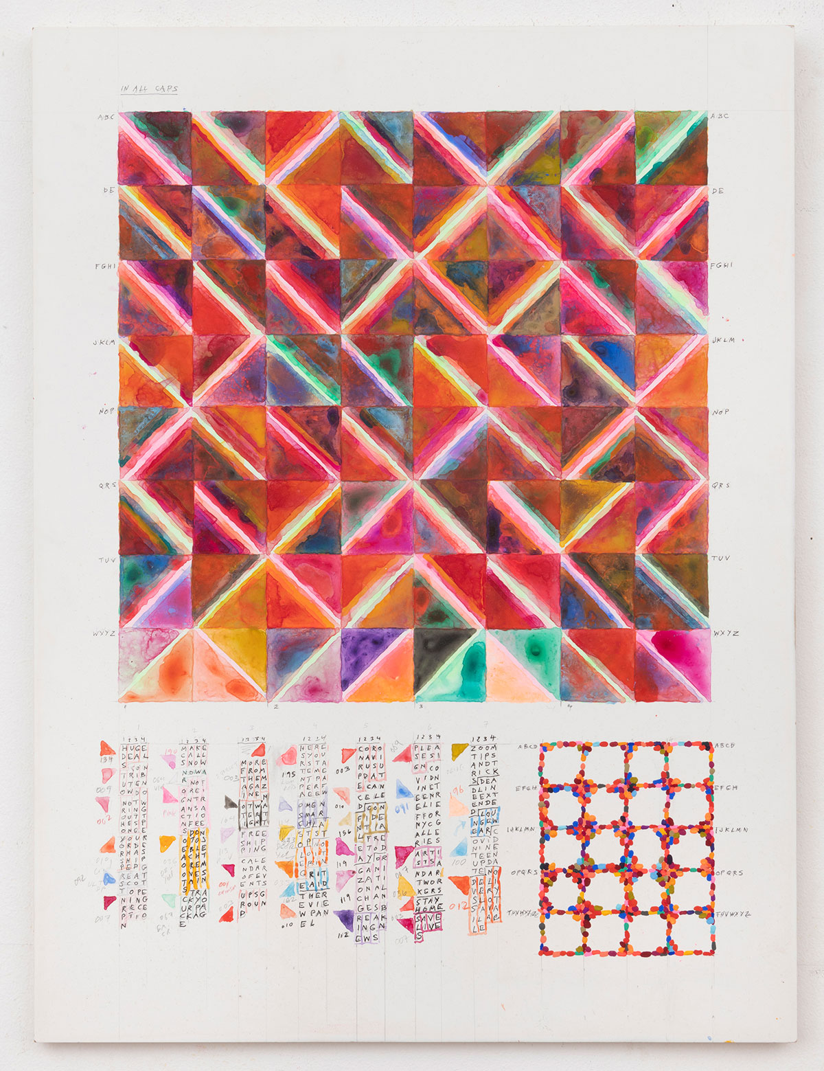 “IN ALL CAPS,” Acrylic gouache, ink, graphite on panel, 24 x 18 inches, 2020.