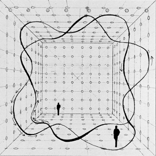 a drawing of two people in a box with a billowing line making a vibrating circle.