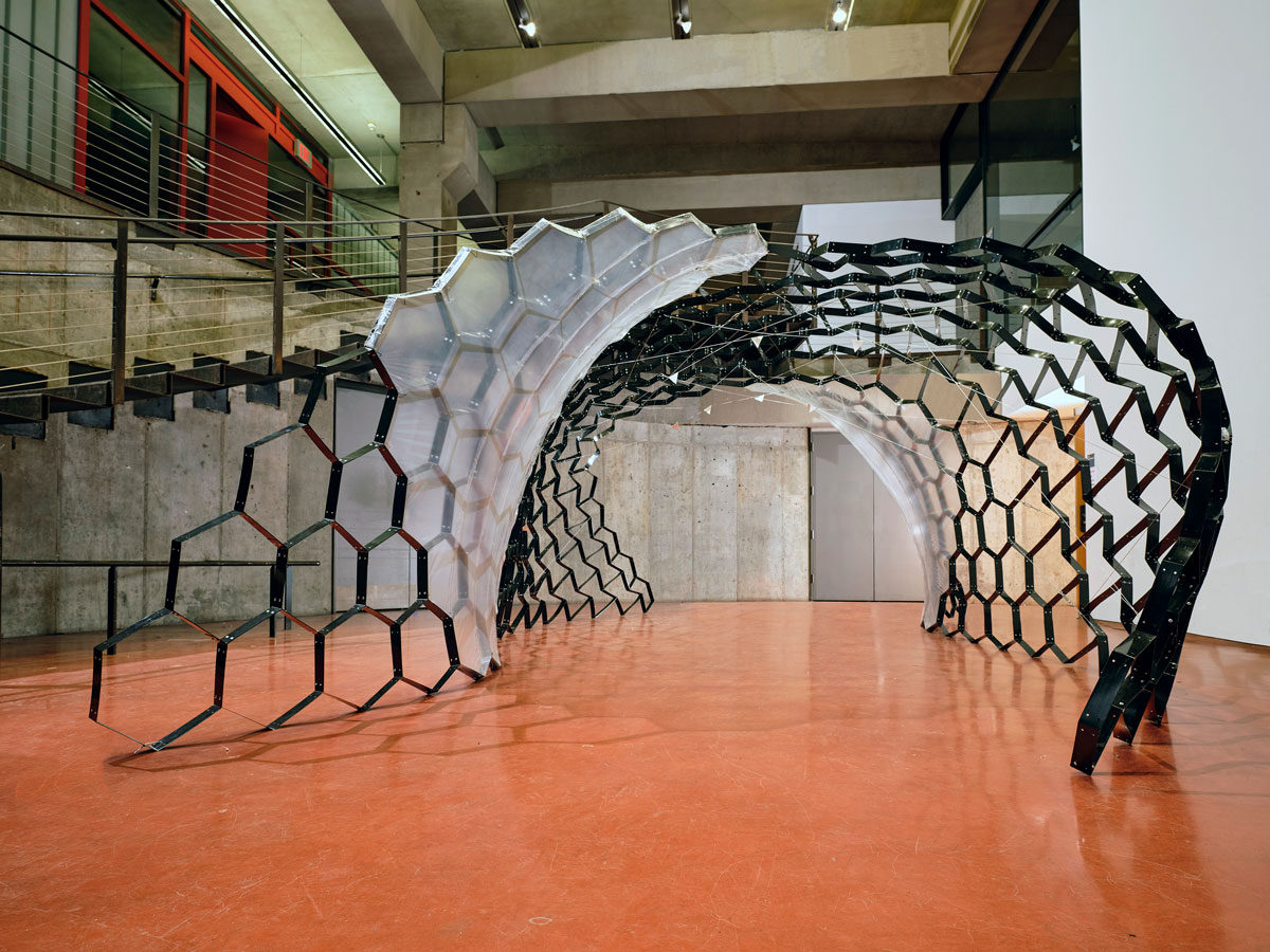 The front view of the Strapsteel Greehouse as it was installed in Higgins Hall.