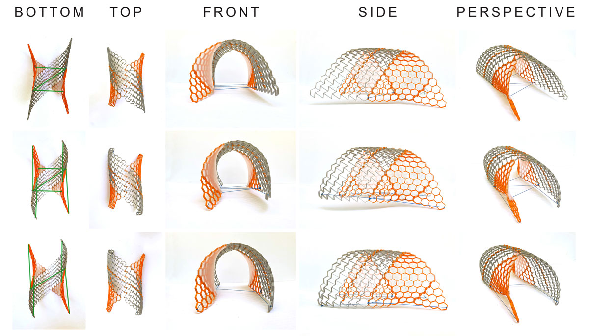 multiple renderings of structure in arch from bottom, top, front, side, and perspective view