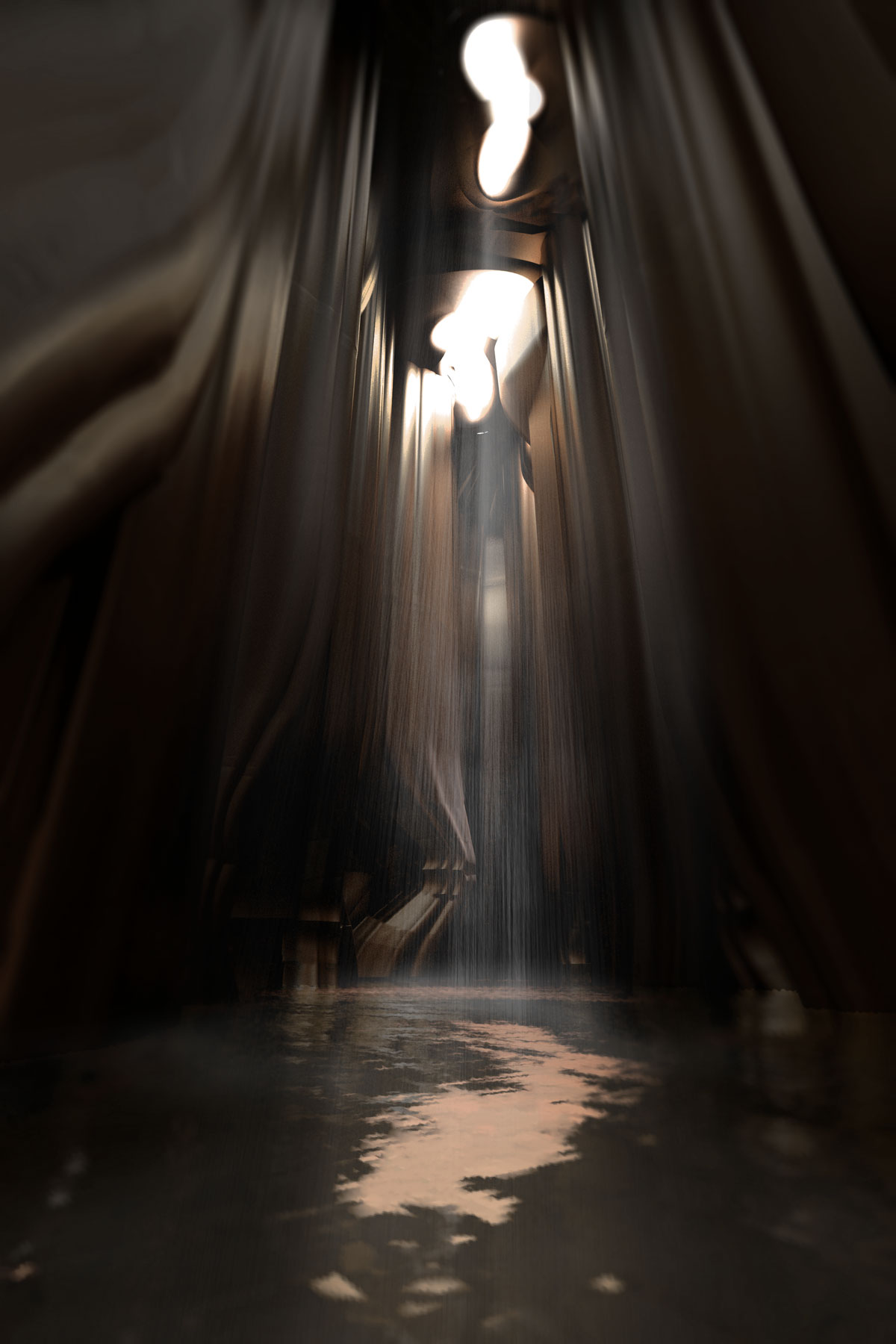 sunlight filters from above through the interior of the structure