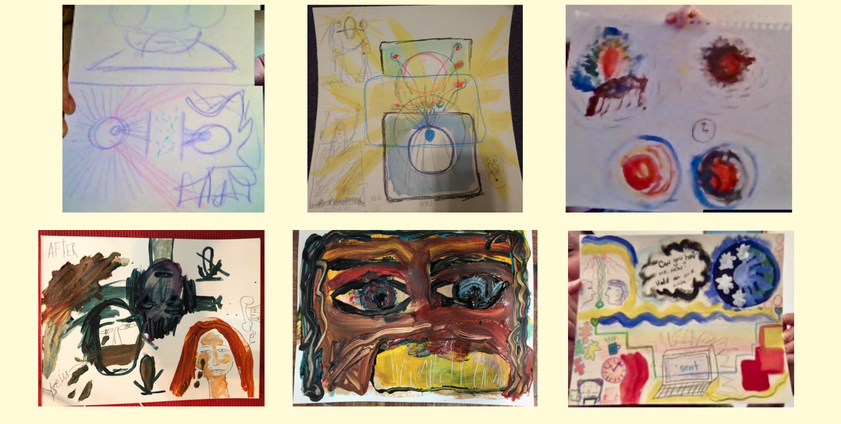 two rows of three drawings and paintings of the six total participants.