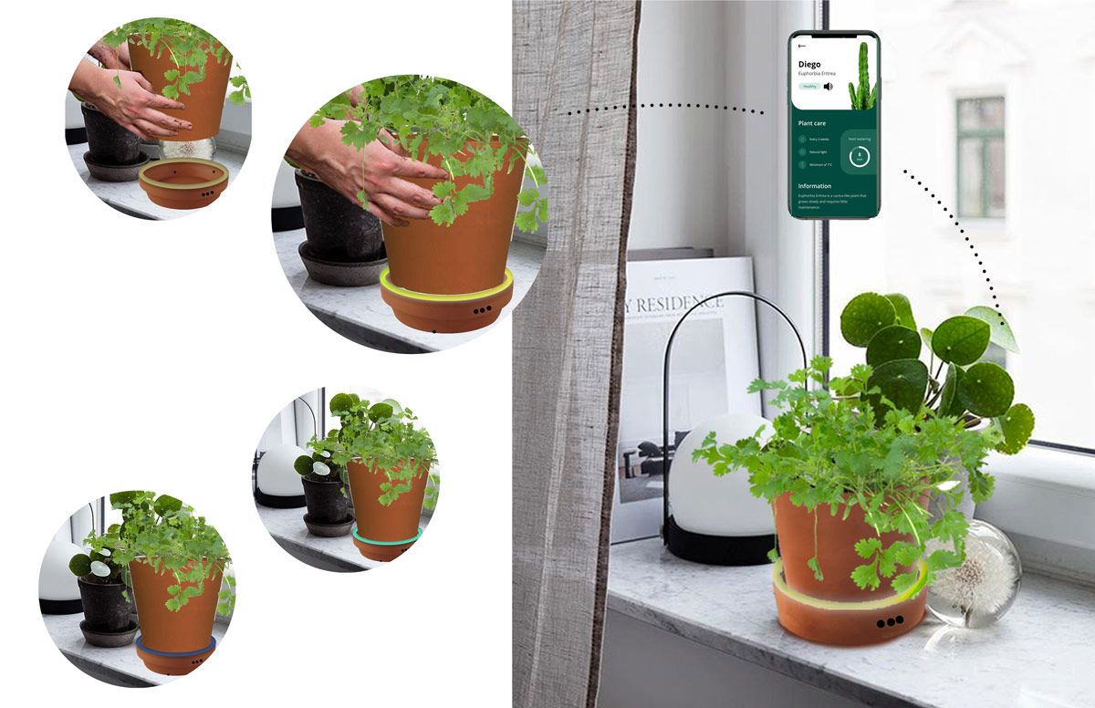 examples of the different features of the app, including the on/off function and colorways to show current plant health