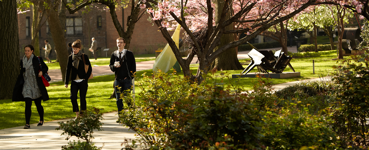 Image of people walking along a path surrounded by foliage and sculptures.