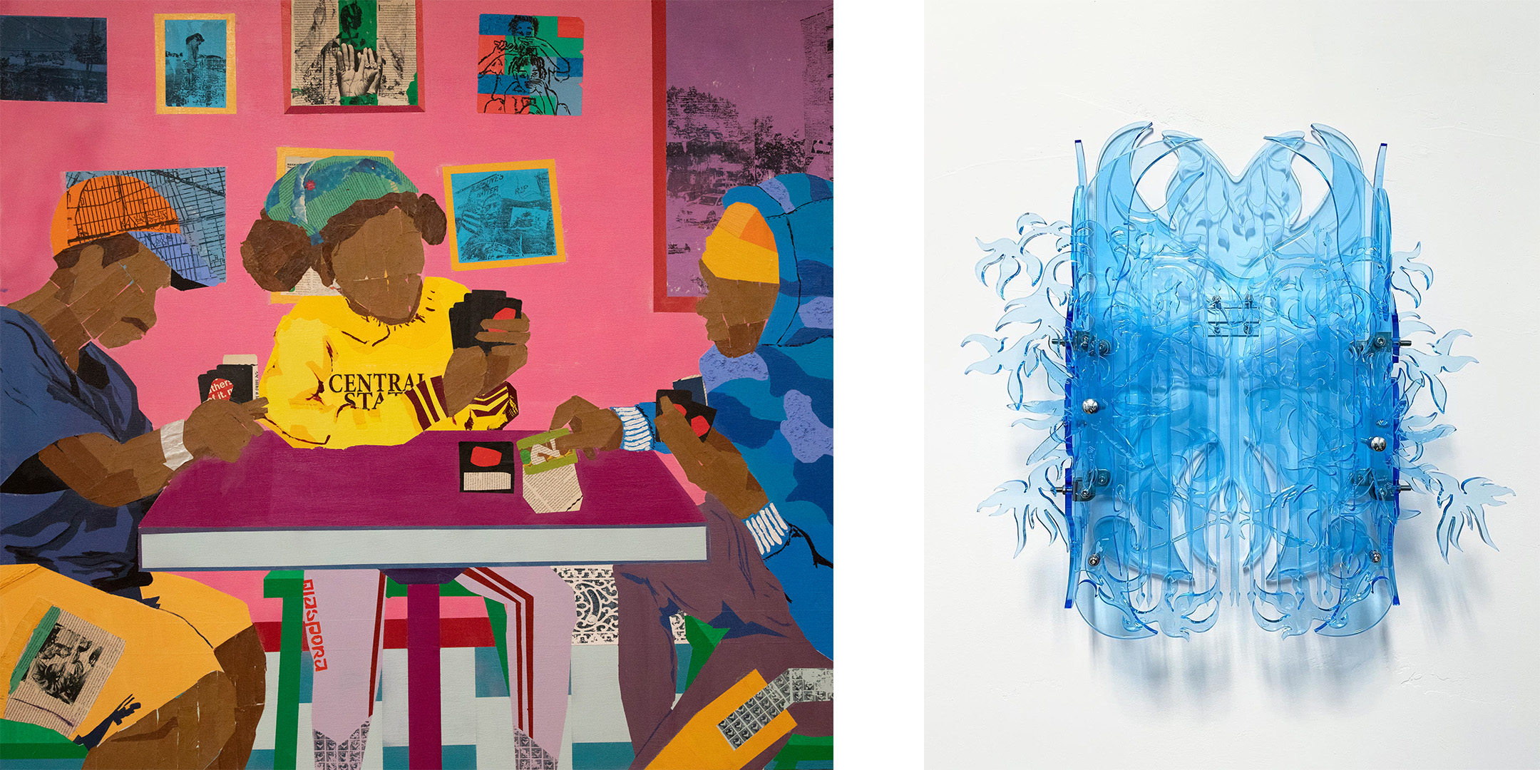 (Left) Na’ye Perez, Laugh Now Cry Later, 2021. Acrylic, spray paint, swishers, backwoods, MTA cards, newsprint, plastic packaging, gel transfers on canvas, 50 x 54 inches. Courtesy of the artist and REGULARNORMAL. (Right) Jackie Slanley, guards 1, 2022. Plexiglass and hardware, 17 x 11 x 3 inches. Courtesy of the artist.