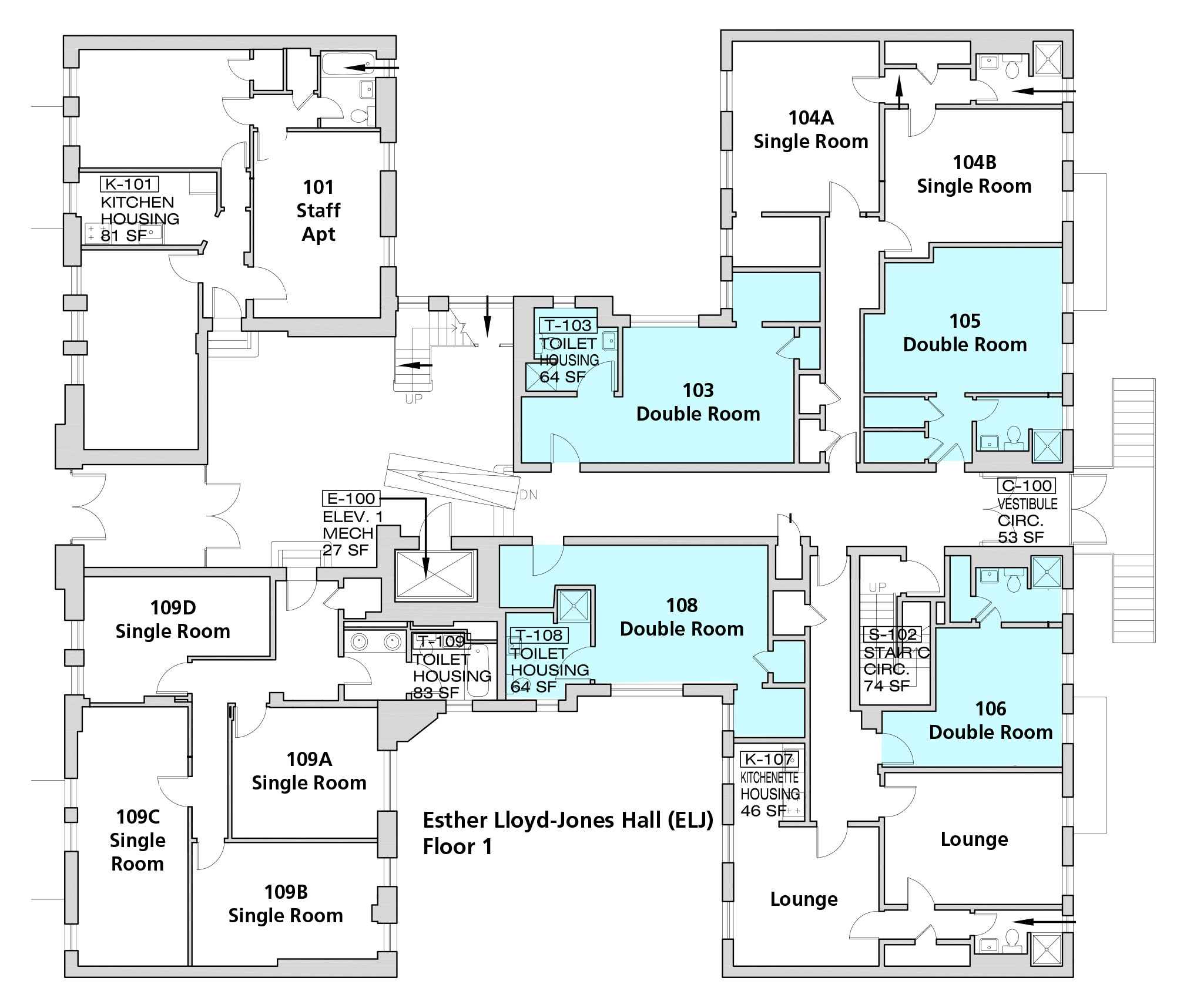 Esther Lloyd-Jones Hall's 1st floor plan.