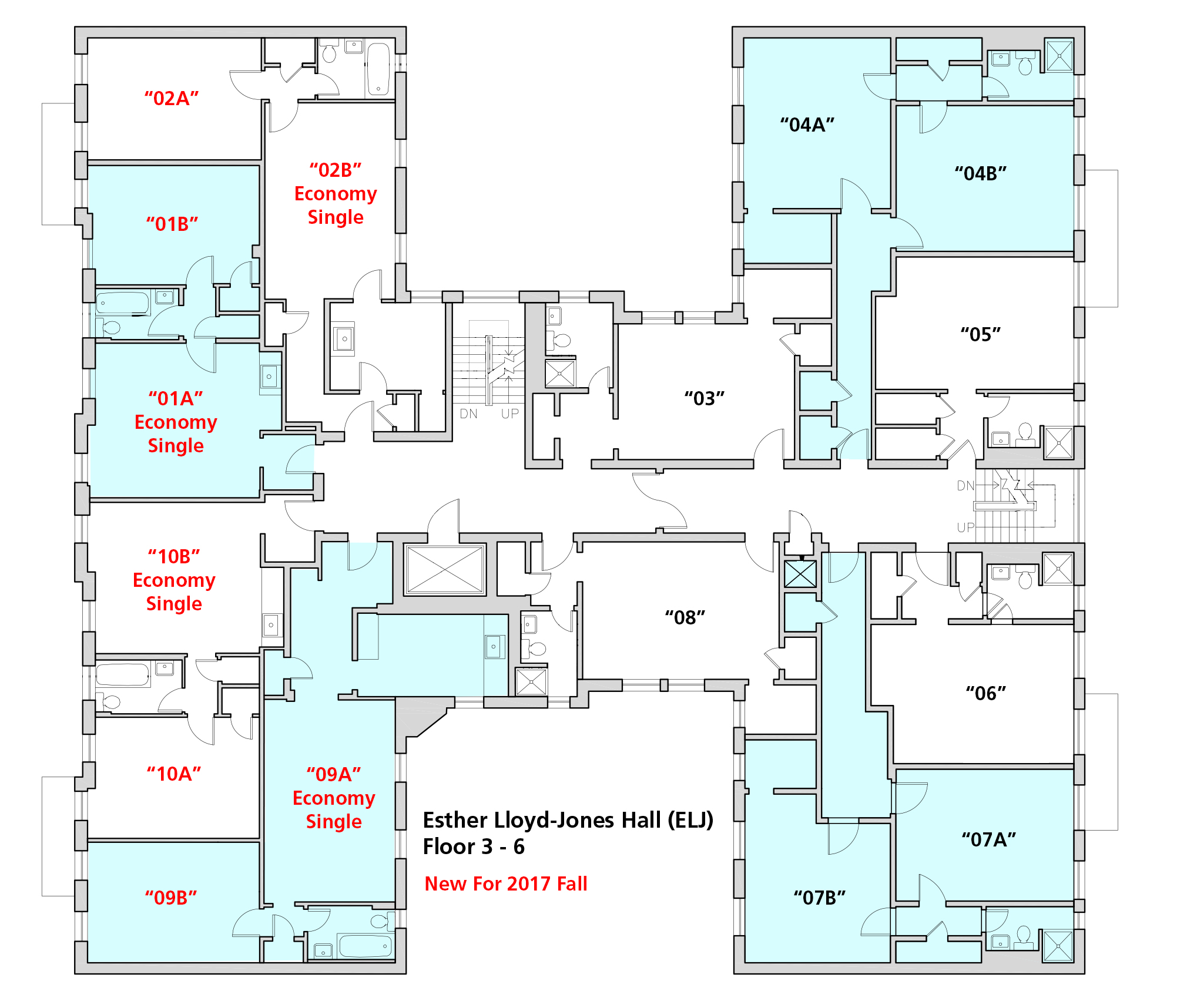 Esther Lloyd-Jones Hall's 3rd-6th floor plan.